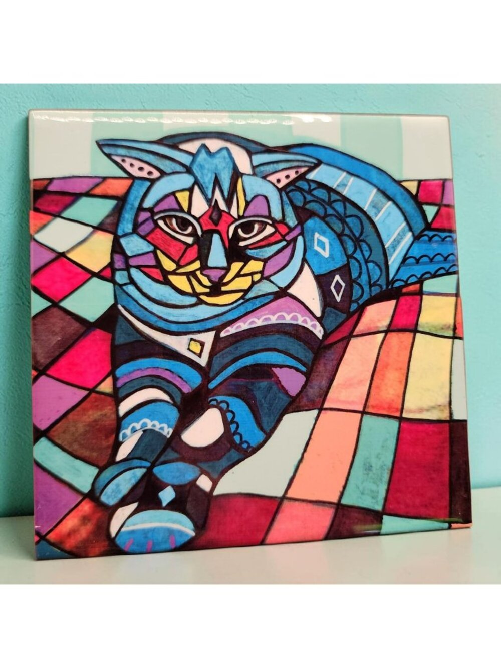 Pop Art Cat Ceramic Tile 4 1/4"x4 1/4" Multicolor Gloss Finish